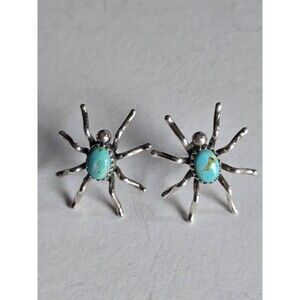 Genuine Turquoise Sterling Silver Spider Stud Earrings Pierced Boho Southwestern